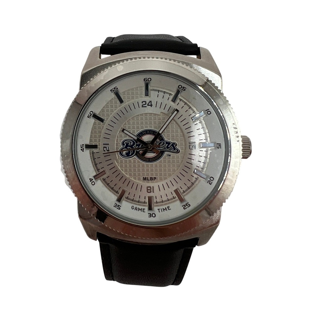 Game Time Milwaukee Brewers MLB Watch Mens Silver Tone Black Leather Strap